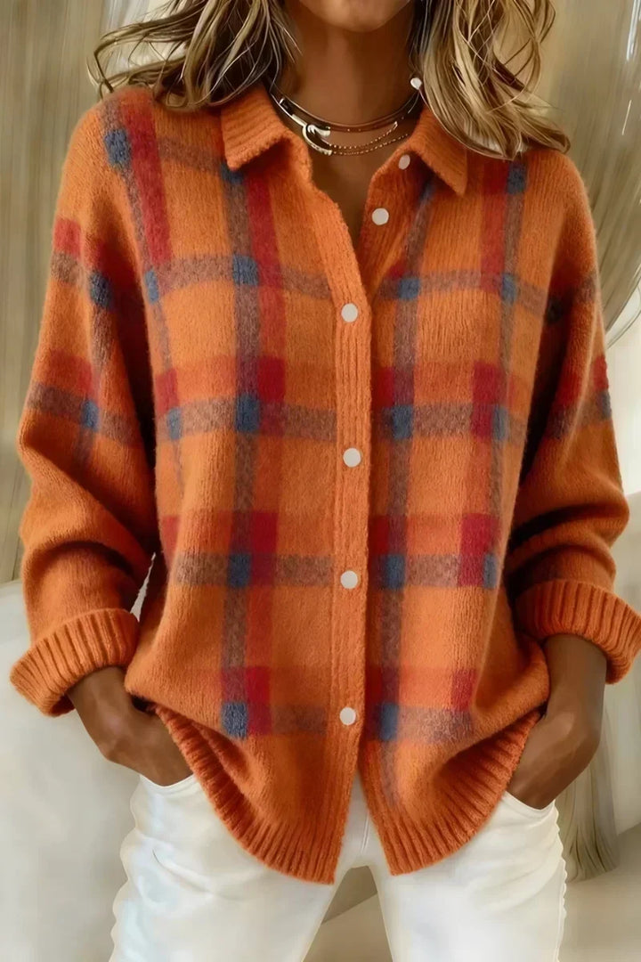 Martyna | Sweter w pomarańczową kratę z guzikami