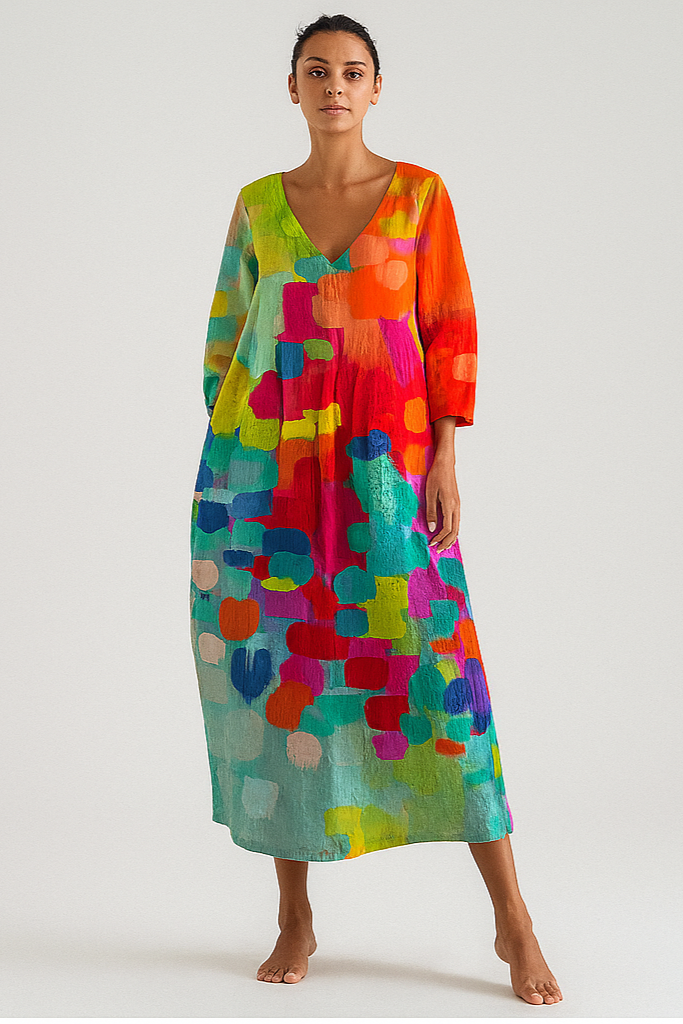 Melania | Lekka wielobarwna sukienka z dekoltem w serek