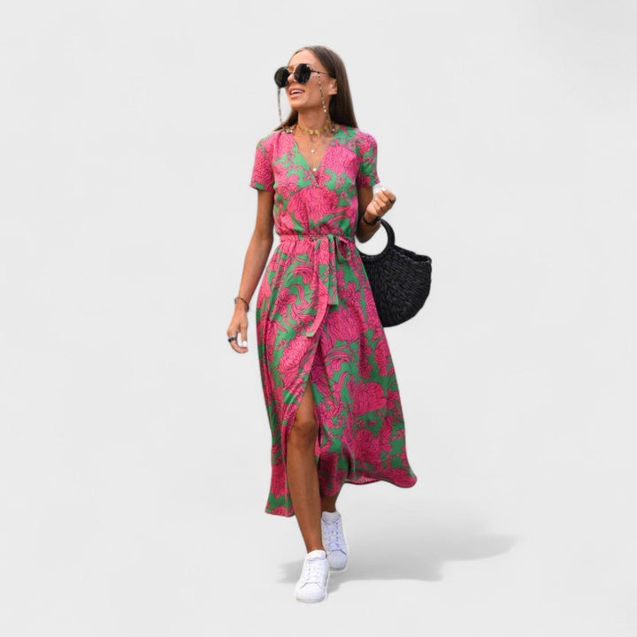 Zdzisława | Sukienka boho w kwiaty z kopertowym dekoltem