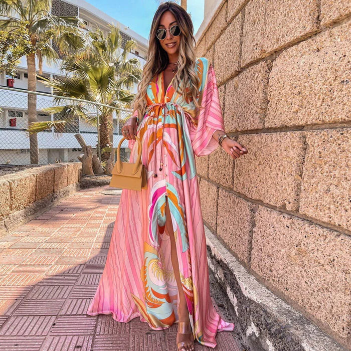 Łucja | Sukienka kaftan w kolorowy wzór