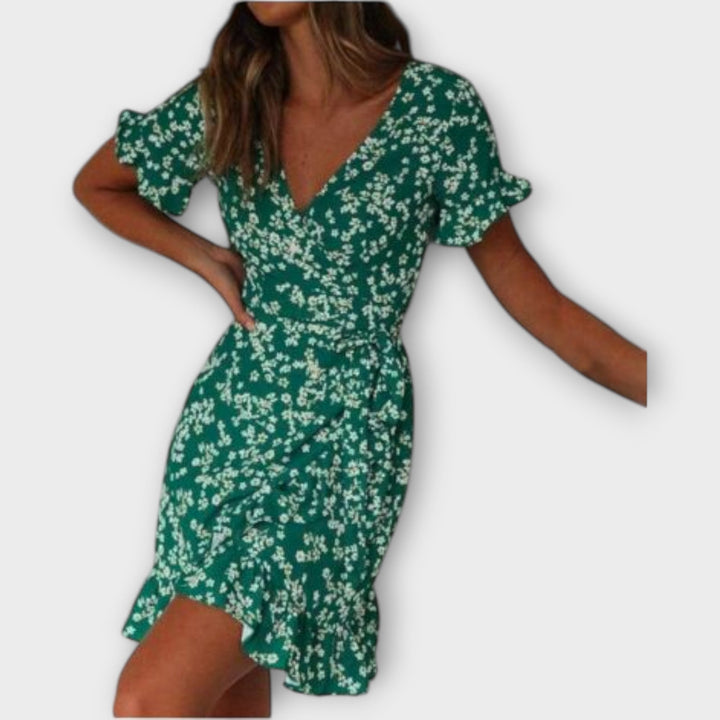 Karina | Zielona mini sukienka boho w kwiaty