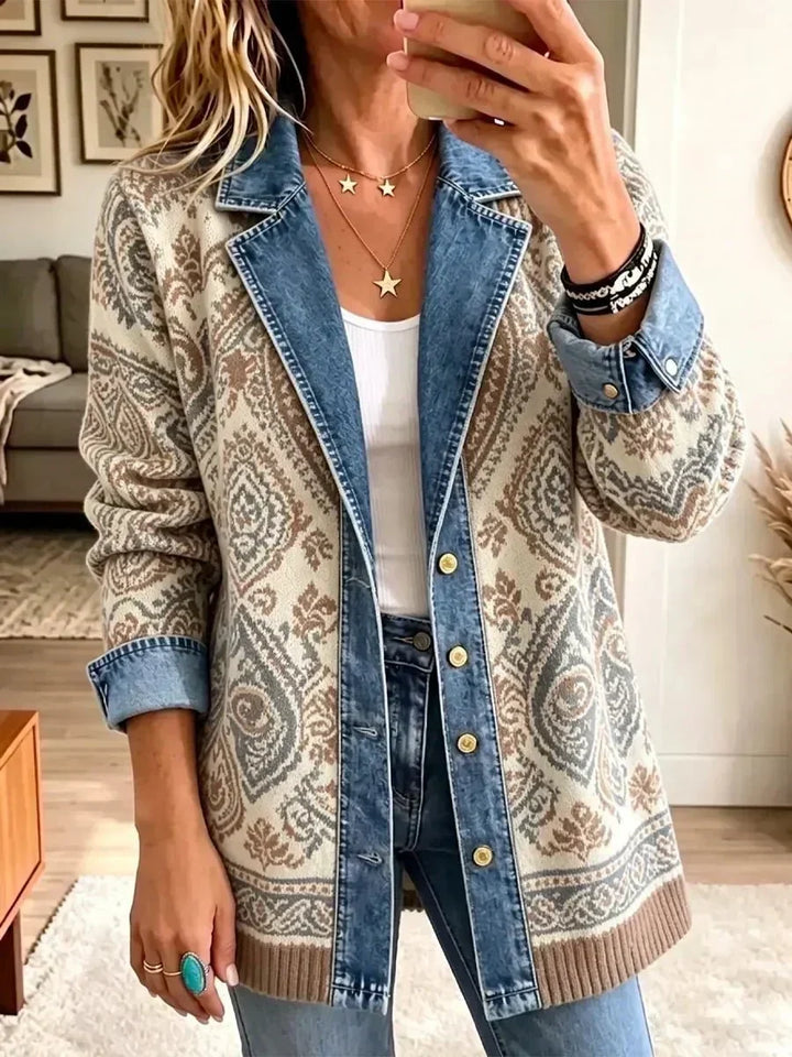 Agata | Beżowa kurtka jeansowa boho z patchworkiem